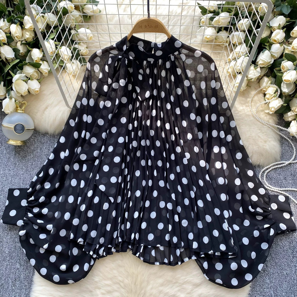 Sheer Spot Print Tie Neck Blouse - Black