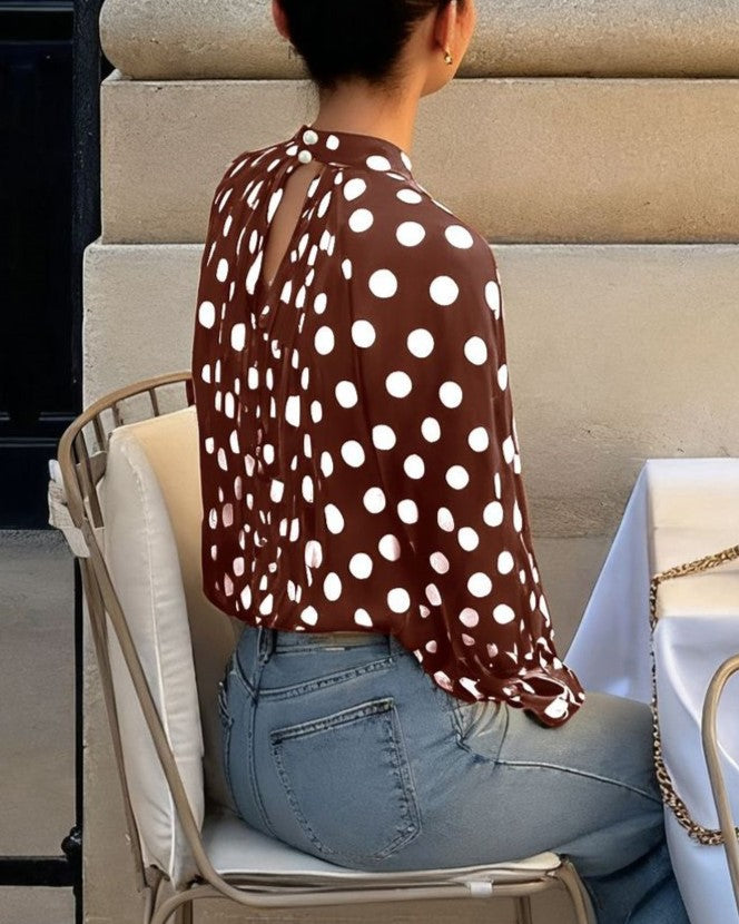 Sheer Spot Print Tie Neck Blouse - Coffee - 1