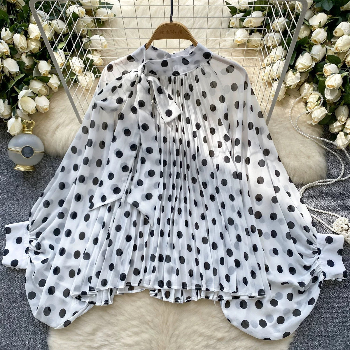 Sheer Spot Print Tie Neck Blouse - White - 1