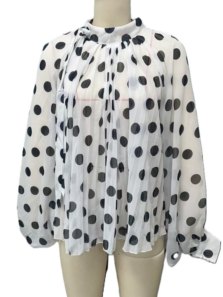 Sheer Spot Print Tie Neck Blouse - White - 2