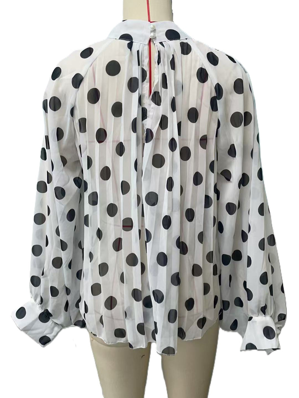 Sheer Spot Print Tie Neck Blouse - White - 3