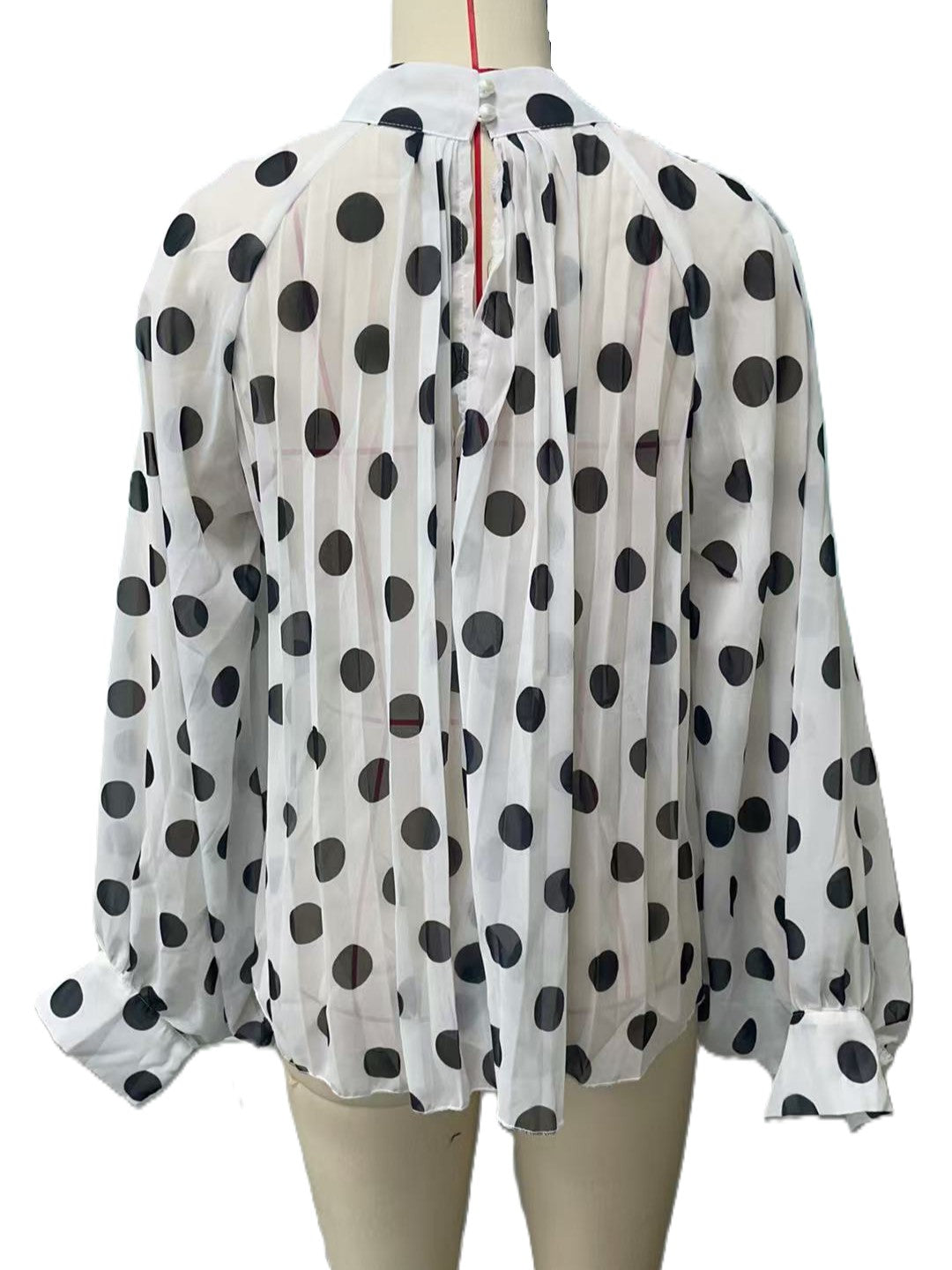 Sheer Spot Print Tie Neck Blouse - White - 3