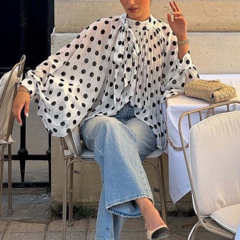 Sheer Spot Print Tie Neck Blouse - White - 4