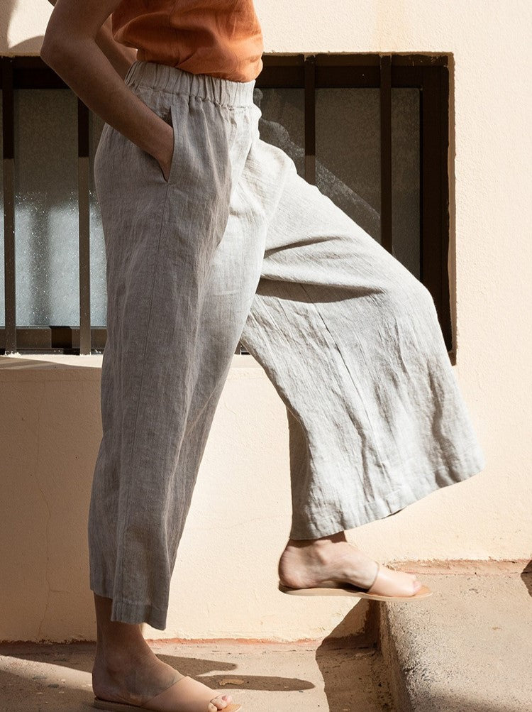 Elastic Waist Linen Wide Leg Pants - Beige
