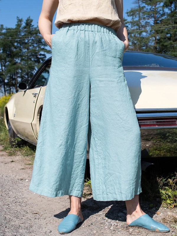 Elastic Waist Linen Wide Leg Pants - Blue