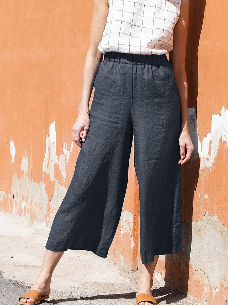 Elastic Waist Linen Wide Leg Pants - Darkblue