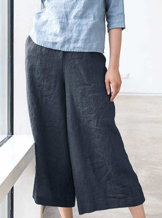 Elastic Waist Linen Wide Leg Pants - Darkblue - 1
