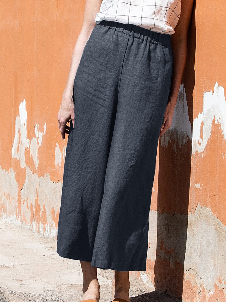 Elastic Waist Linen Wide Leg Pants - Darkblue - 2