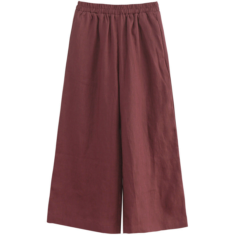 Elastic Waist Linen Wide Leg Pants - Darkred
