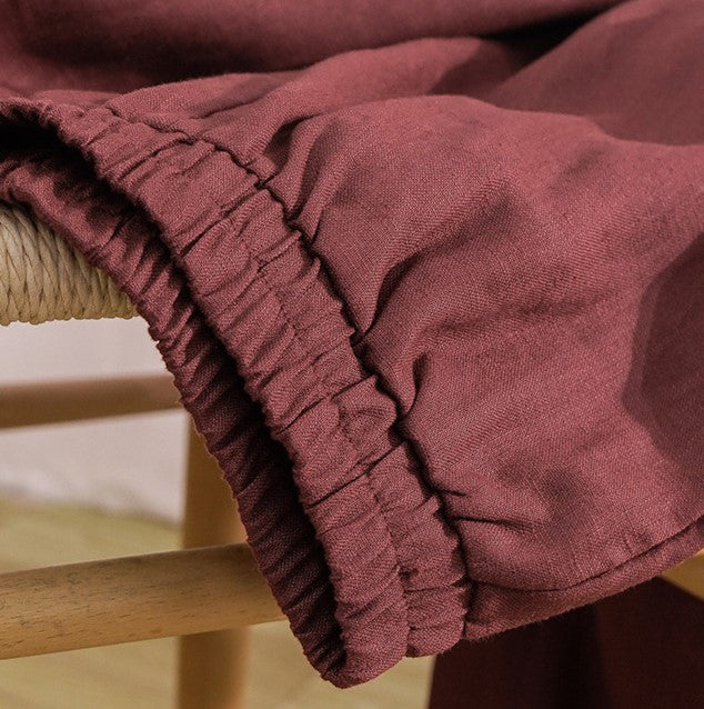 Elastic Waist Linen Wide Leg Pants - Darkred - 1