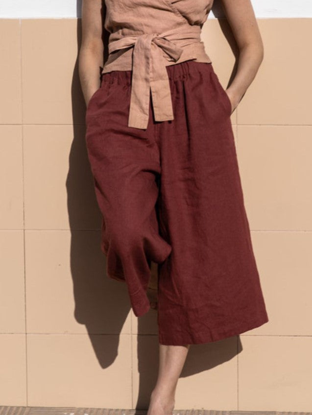 Elastic Waist Linen Wide Leg Pants - Darkred - 2