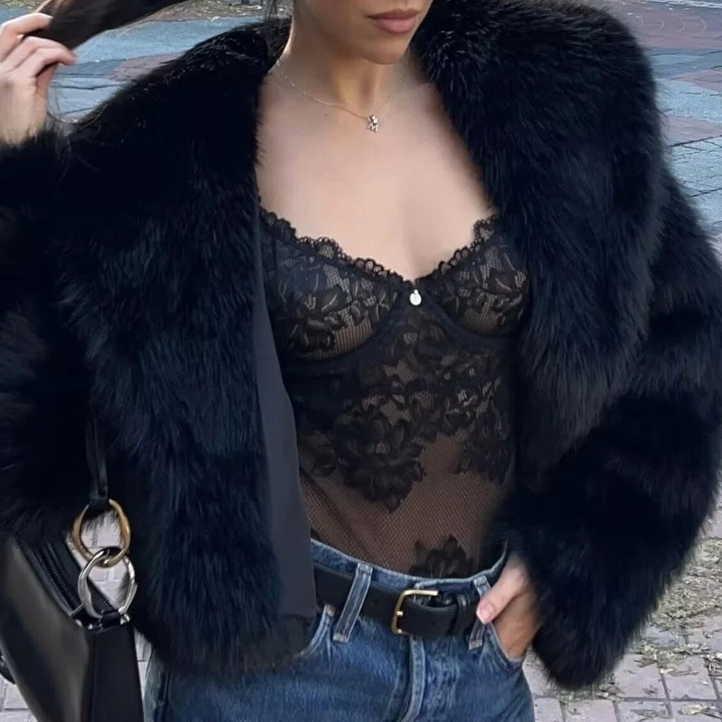 Shaggy Faux Fur Oversized Collar Coat - black - 1