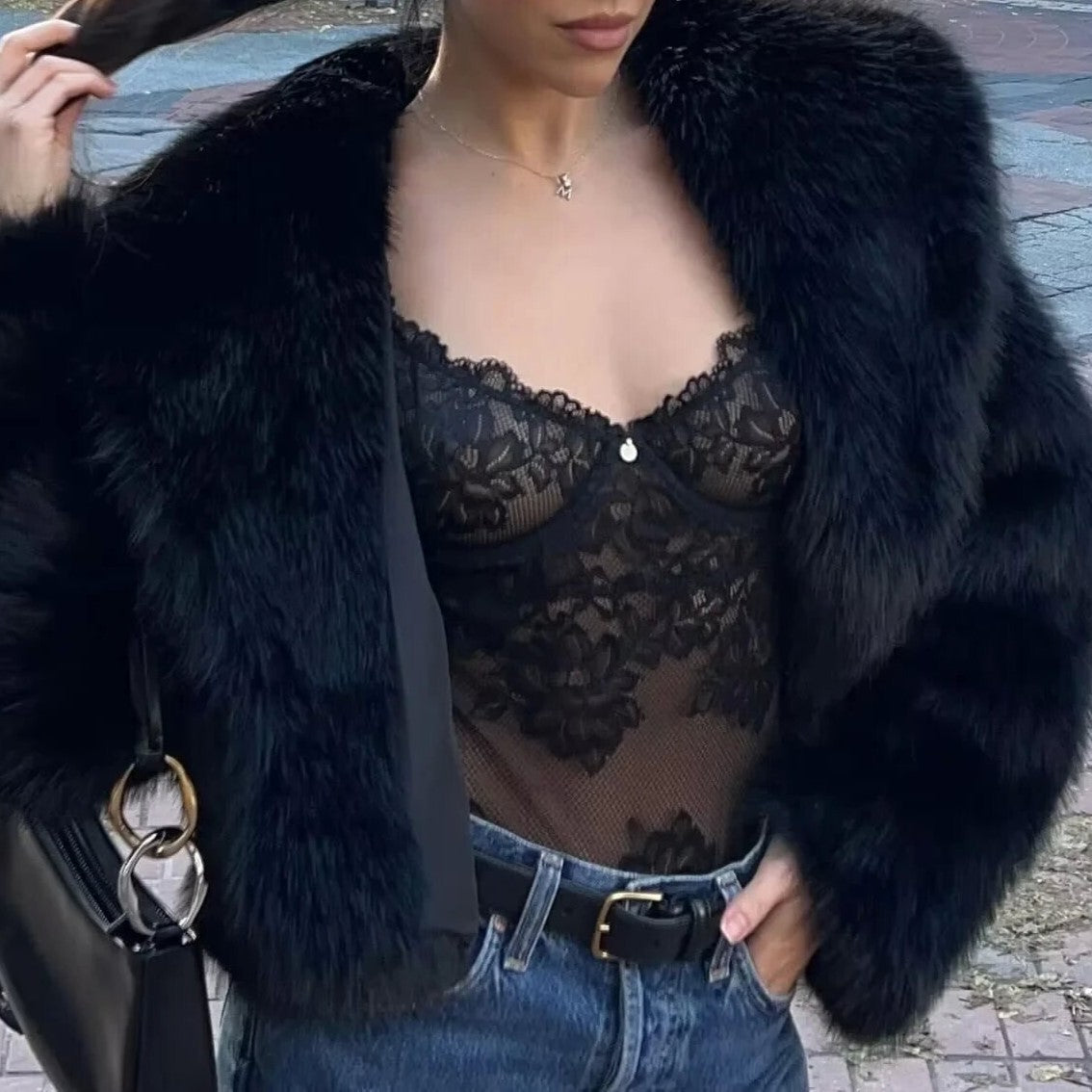 Shaggy Faux Fur Oversized Collar Coat - black - 1