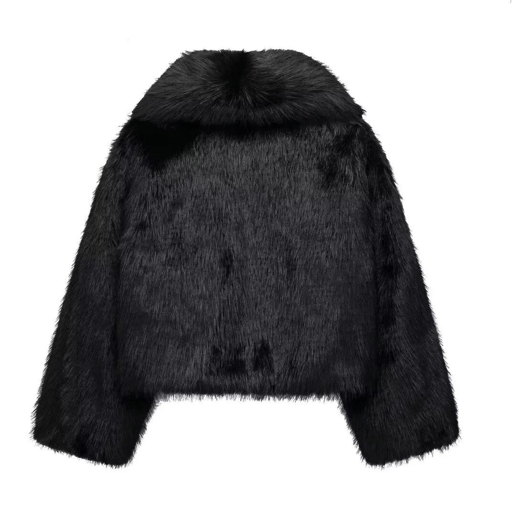 Shaggy Faux Fur Oversized Collar Coat - black - 2