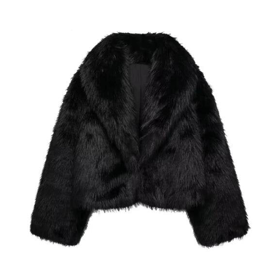Shaggy Faux Fur Oversized Collar Coat - black - 6