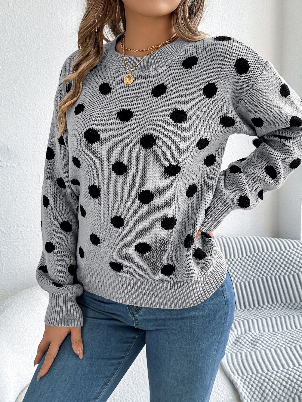Contrast Polka Dot Crewneck Knit Sweater - Grey