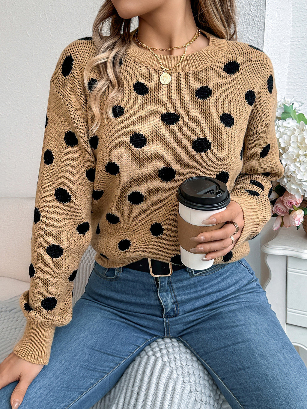 Contrast Polka Dot Crewneck Knit Sweater - Khaki