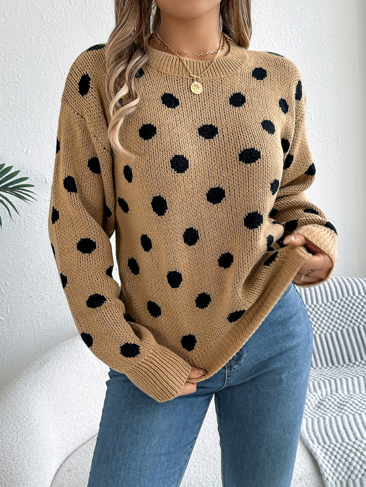Contrast Polka Dot Crewneck Knit Sweater - Khaki - 1