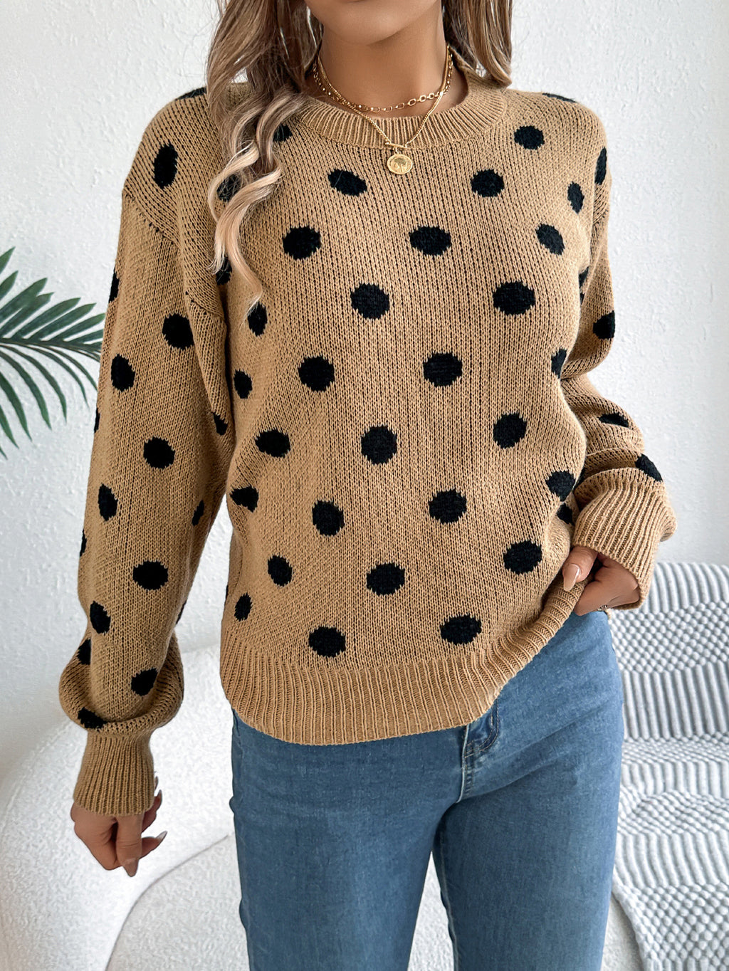 Contrast Polka Dot Crewneck Knit Sweater - Khaki - 2