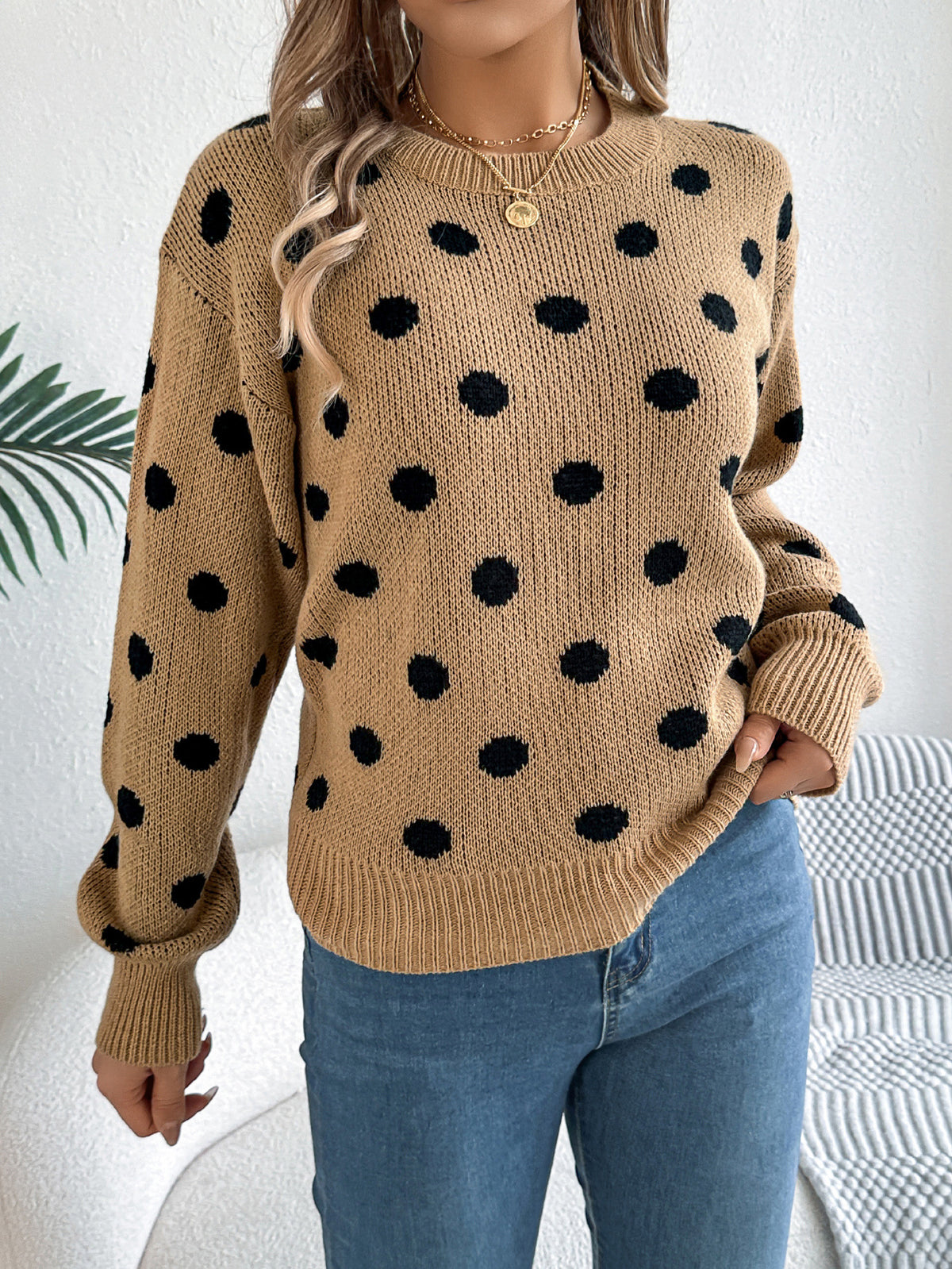 Contrast Polka Dot Crewneck Knit Sweater - Khaki - 2