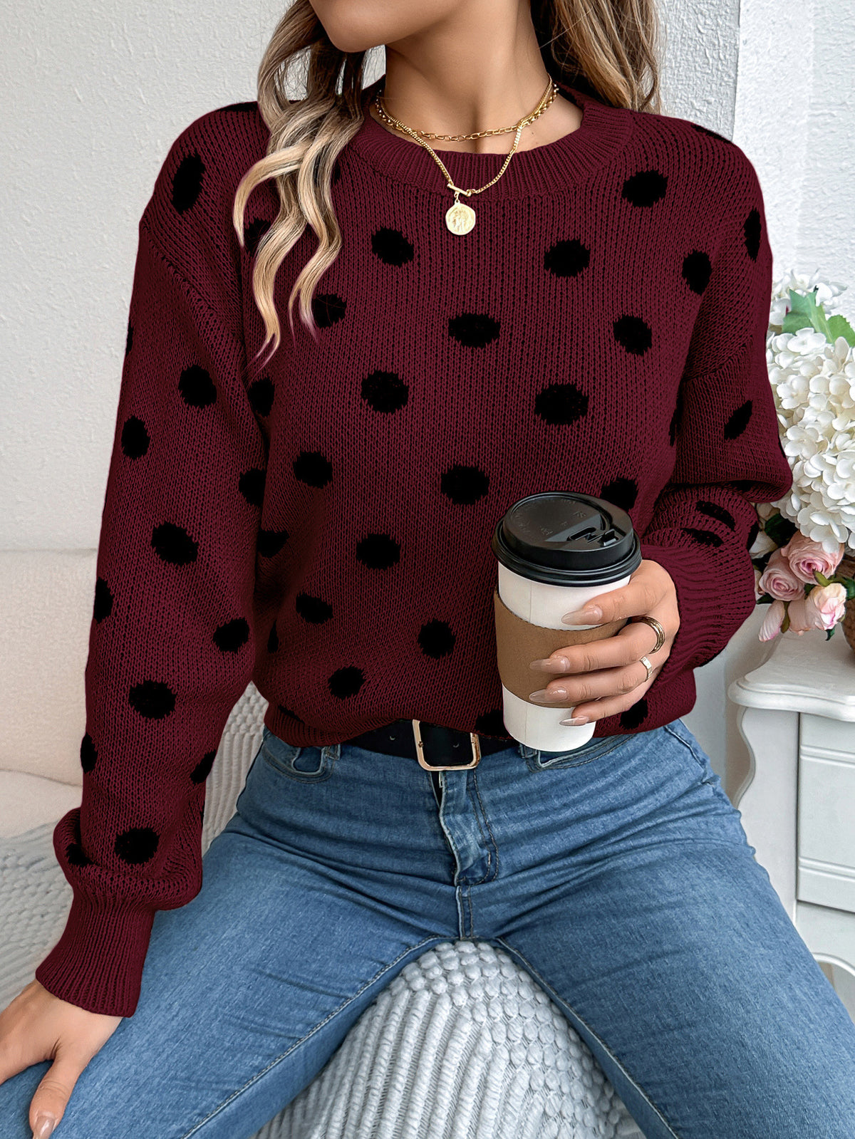 Contrast Polka Dot Crewneck Knit Sweater - Winered