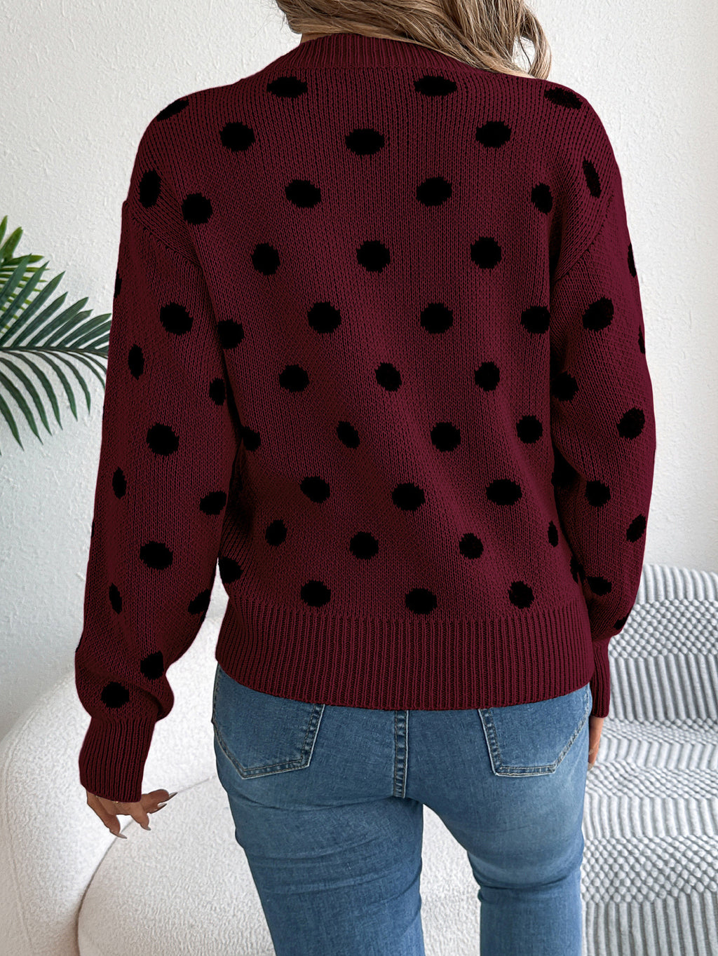 Contrast Polka Dot Crewneck Knit Sweater - Winered - 1