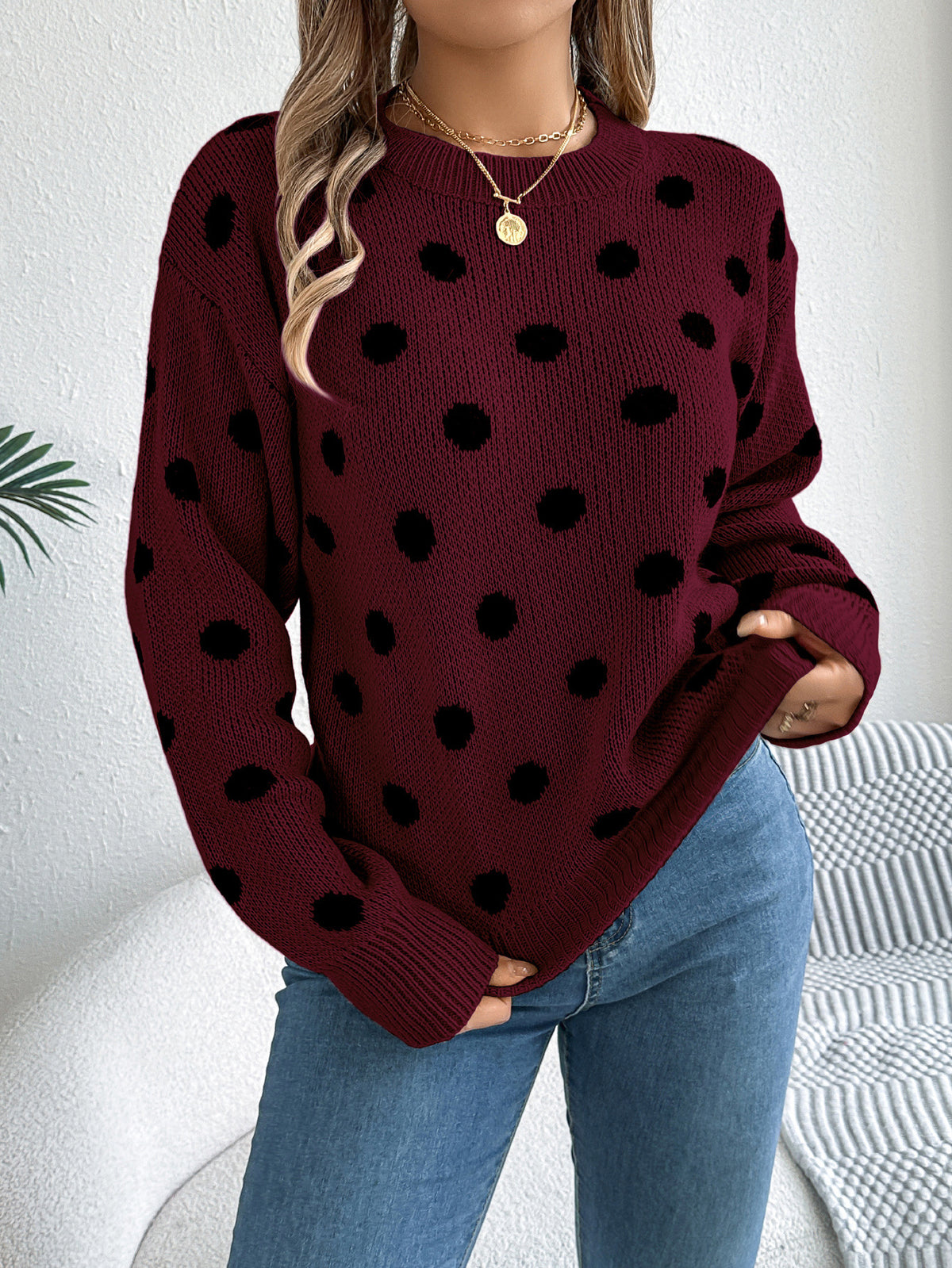 Contrast Polka Dot Crewneck Knit Sweater - Winered - 2