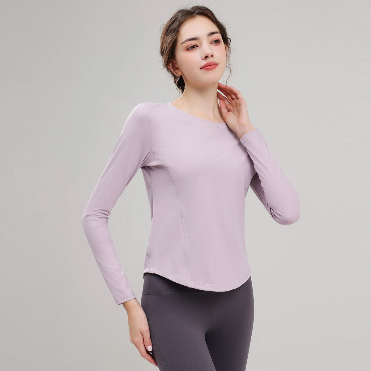 Quick-Dry Slim Fit Curved Hem Long Sleeve Yoga Top