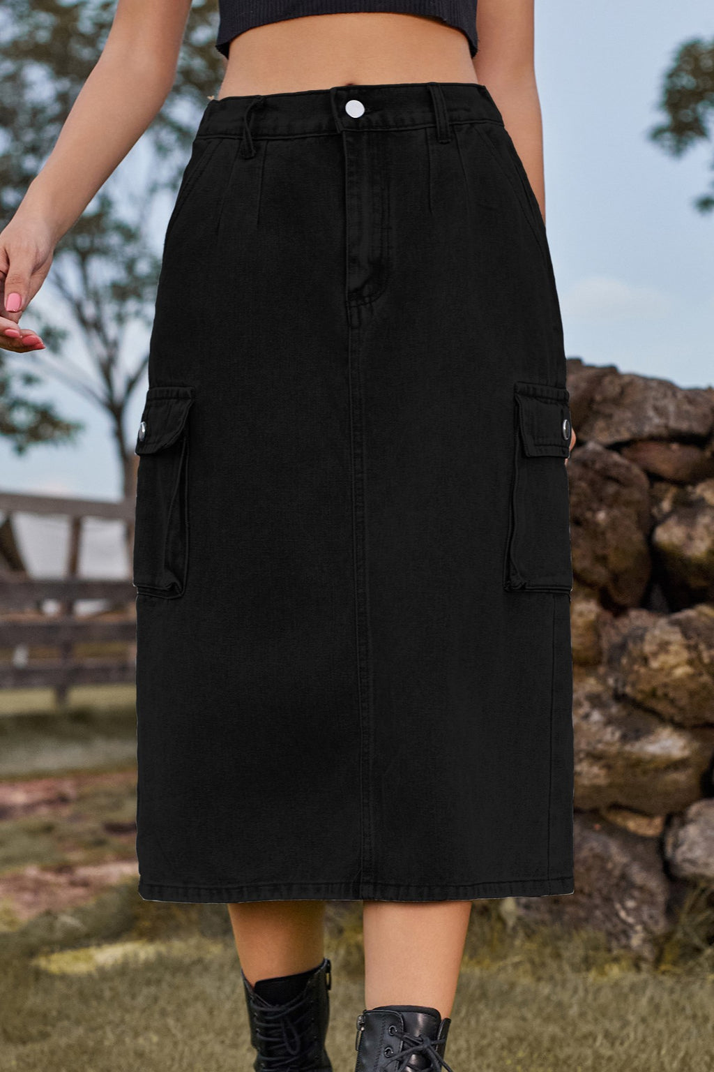 Cargo Pocket Washed Denim Midi Skirt - Black - 3