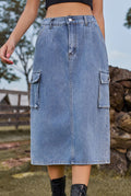 Cargo Pocket Washed Denim Midi Skirt - Blue