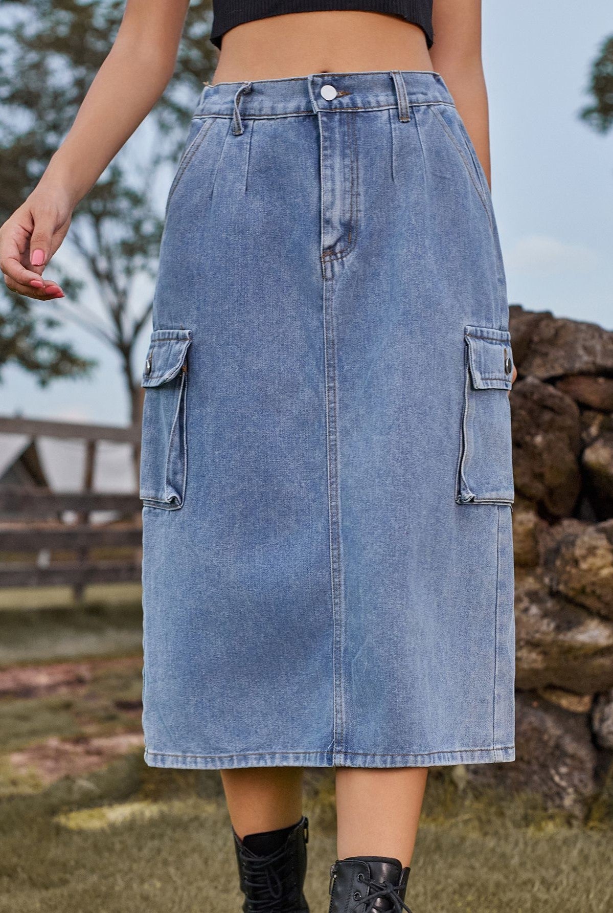 Cargo Pocket Washed Denim Midi Skirt - Blue