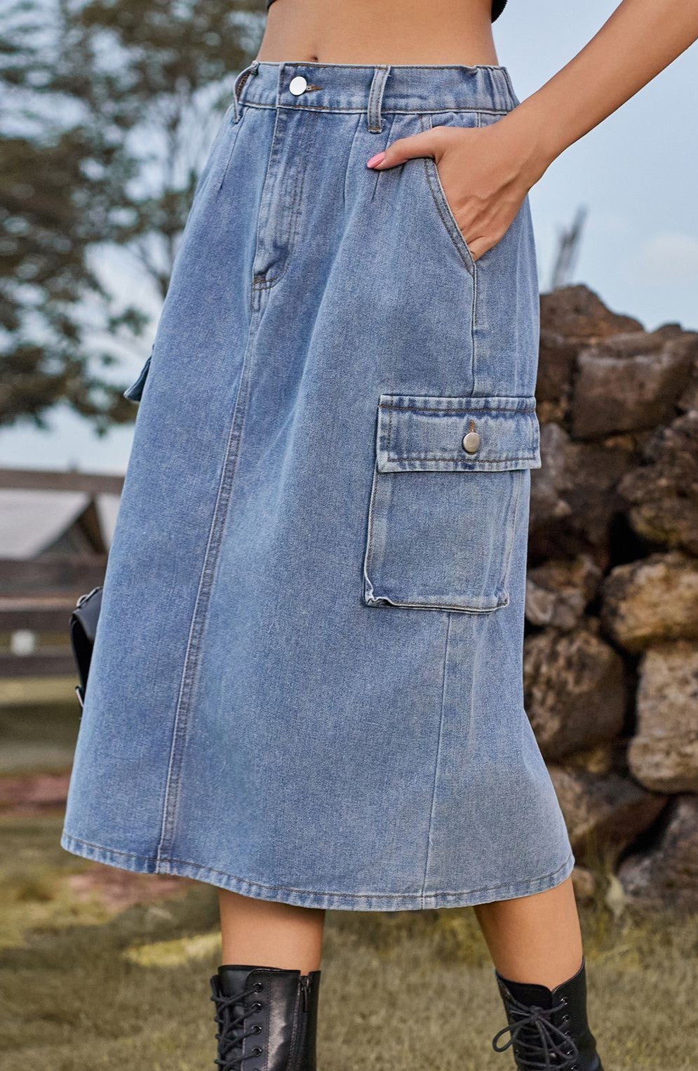 Cargo Pocket Washed Denim Midi Skirt - Blue - 1