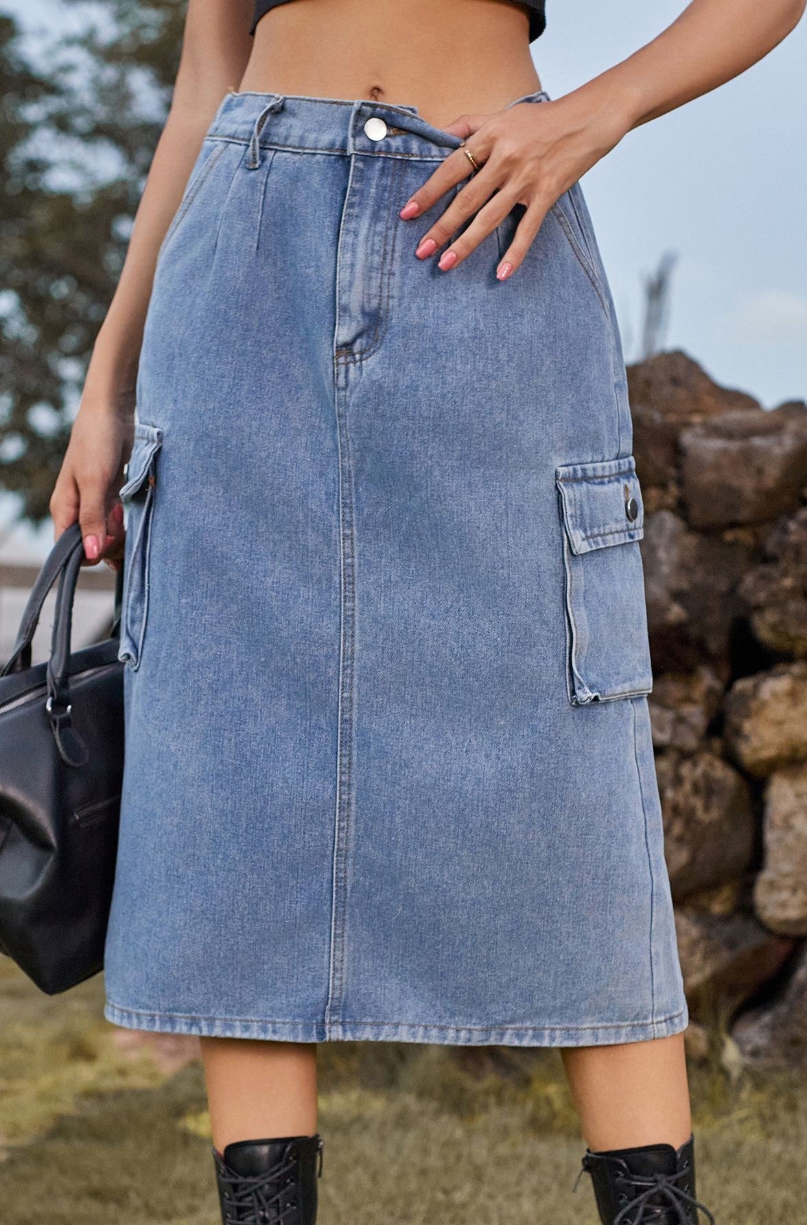 Cargo Pocket Washed Denim Midi Skirt - Blue - 2