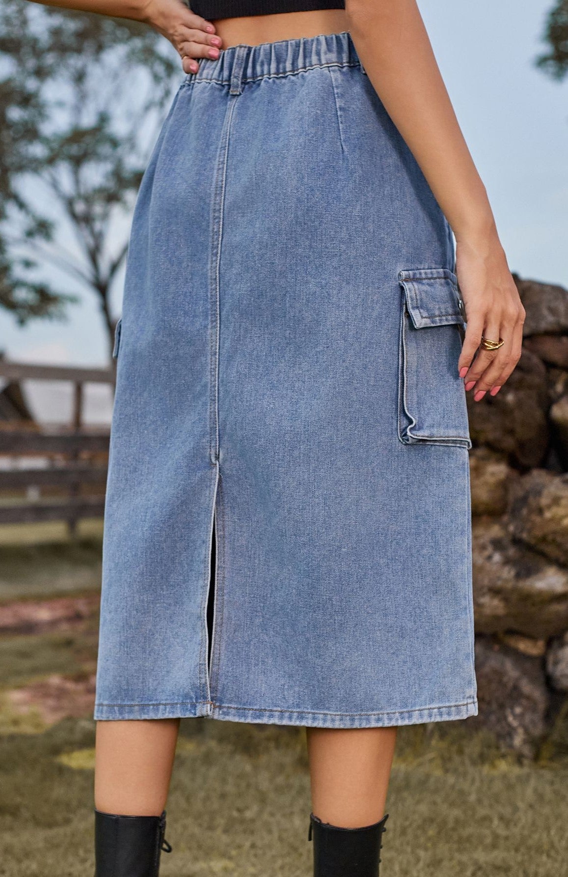 Cargo Pocket Washed Denim Midi Skirt - Blue - 3