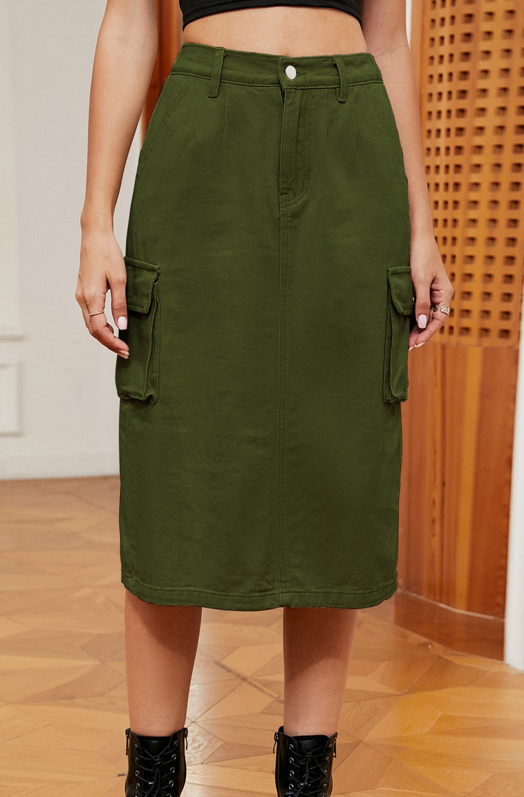 Cargo Pocket Washed Denim Midi Skirt - Green