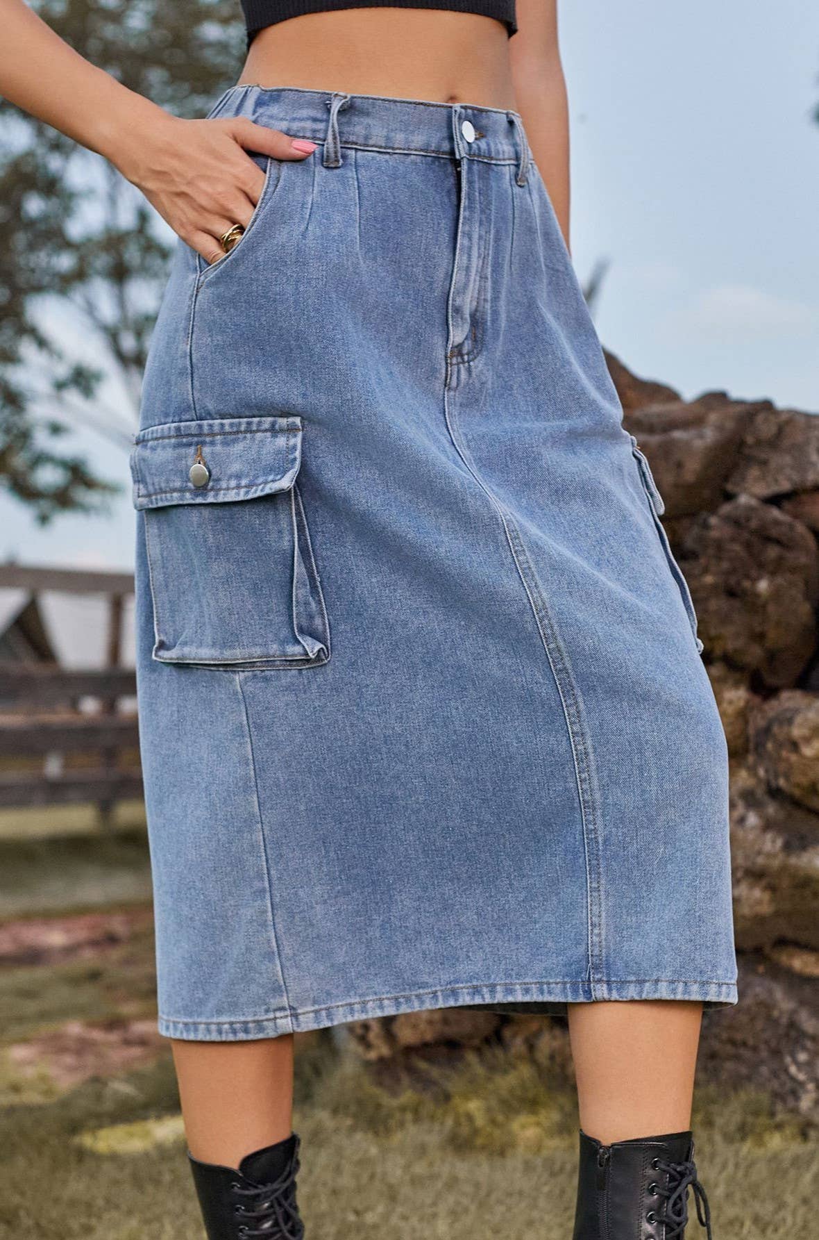 Cargo Pocket Washed Denim Midi Skirt