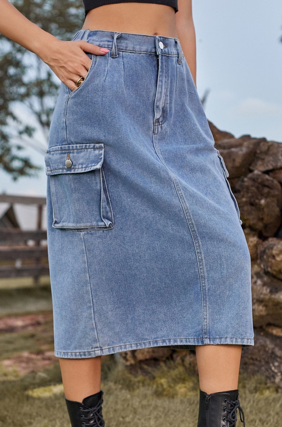 Cargo Pocket Washed Denim Midi Skirt - view 1
