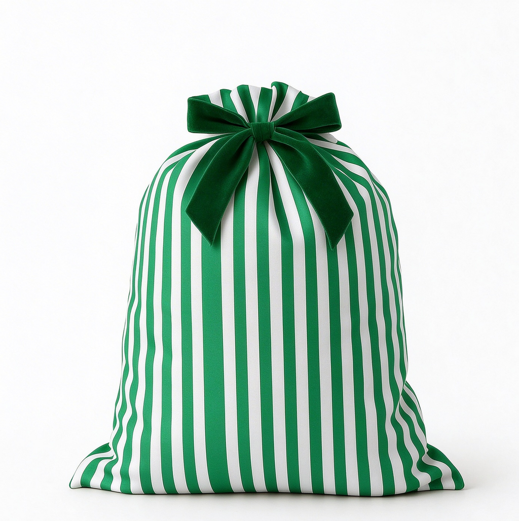 Candy Stripe Drawstring Gift Bag With Ribbon Bow - Green