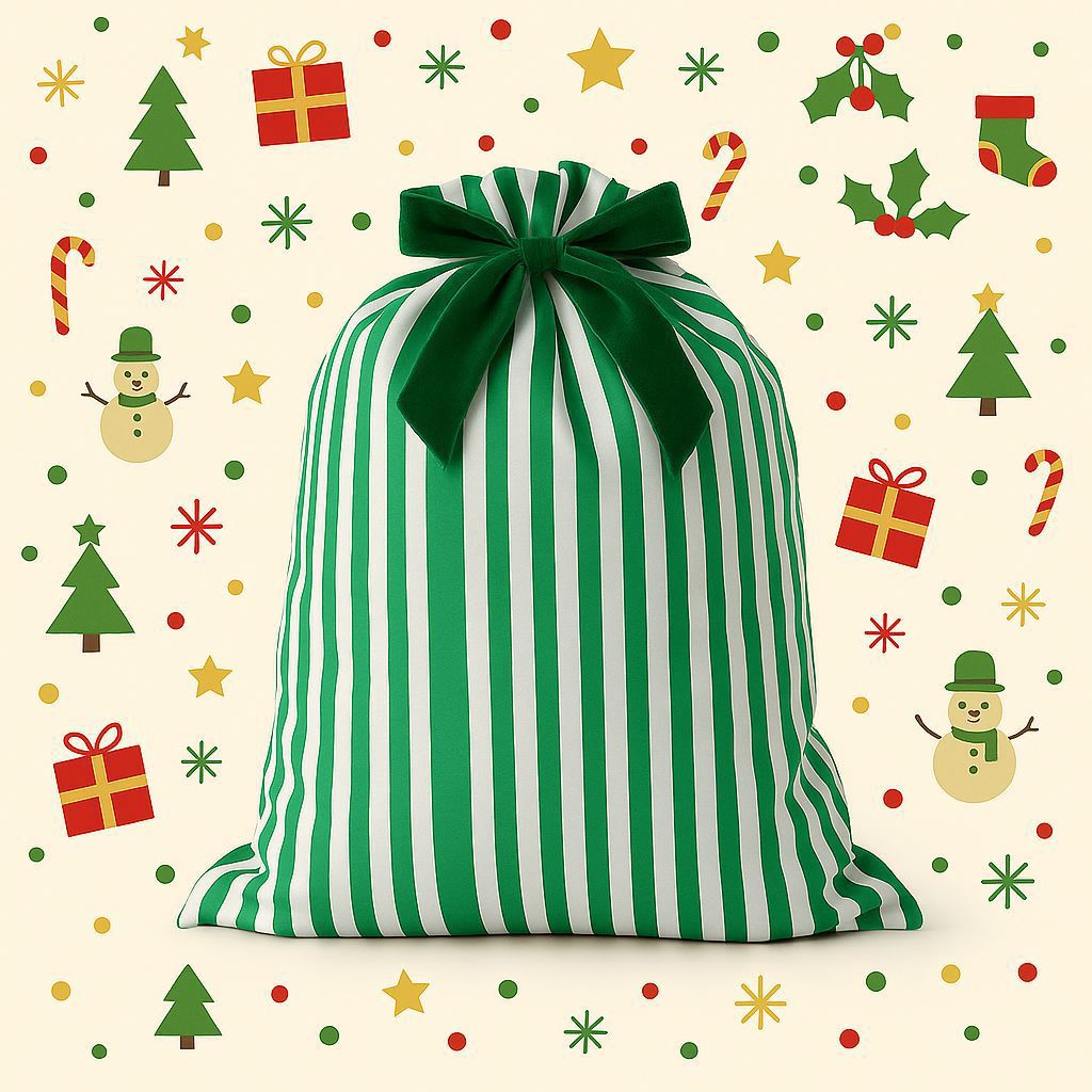 Candy Stripe Drawstring Gift Bag With Ribbon Bow - Green - 1