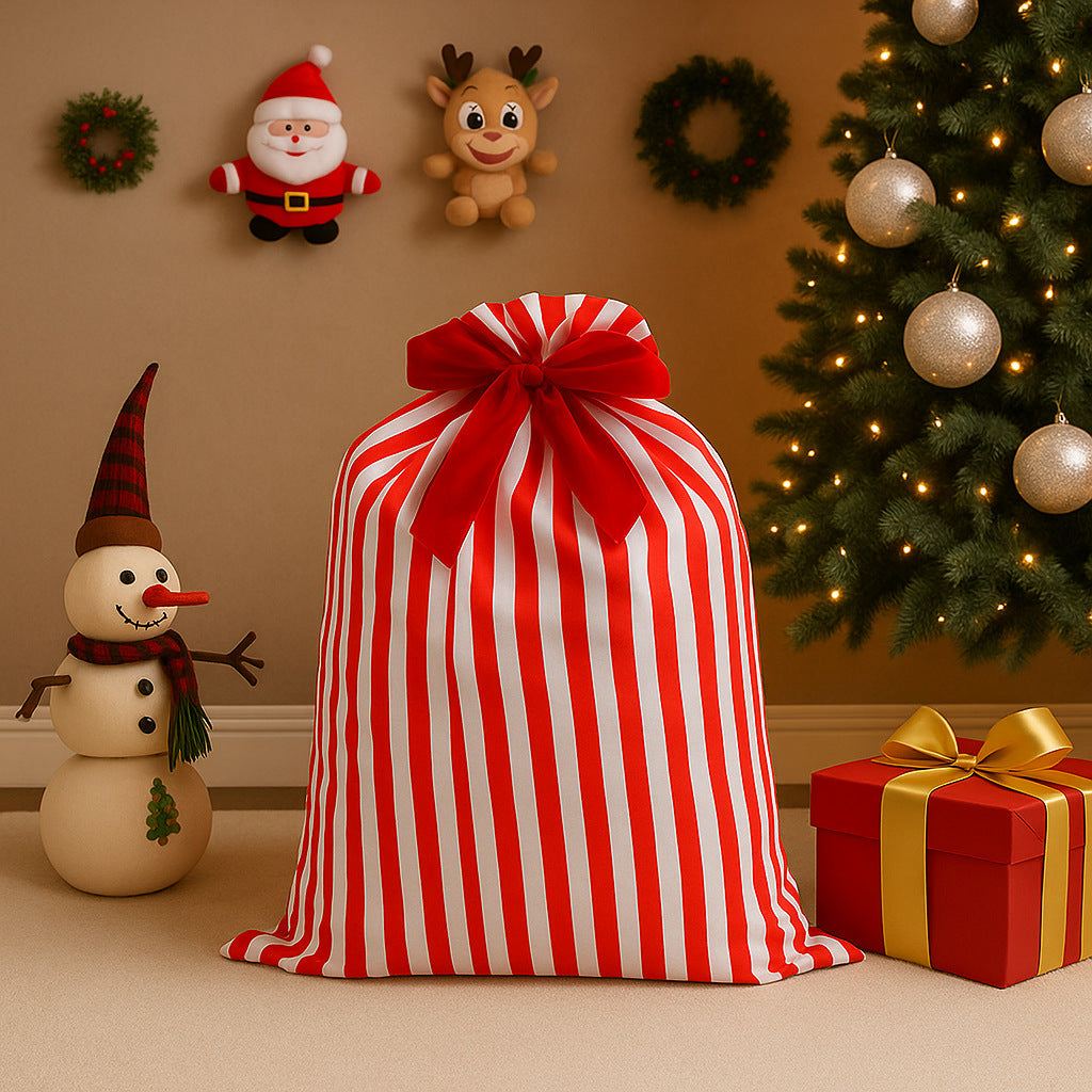 Candy Stripe Drawstring Gift Bag With Ribbon Bow - Red