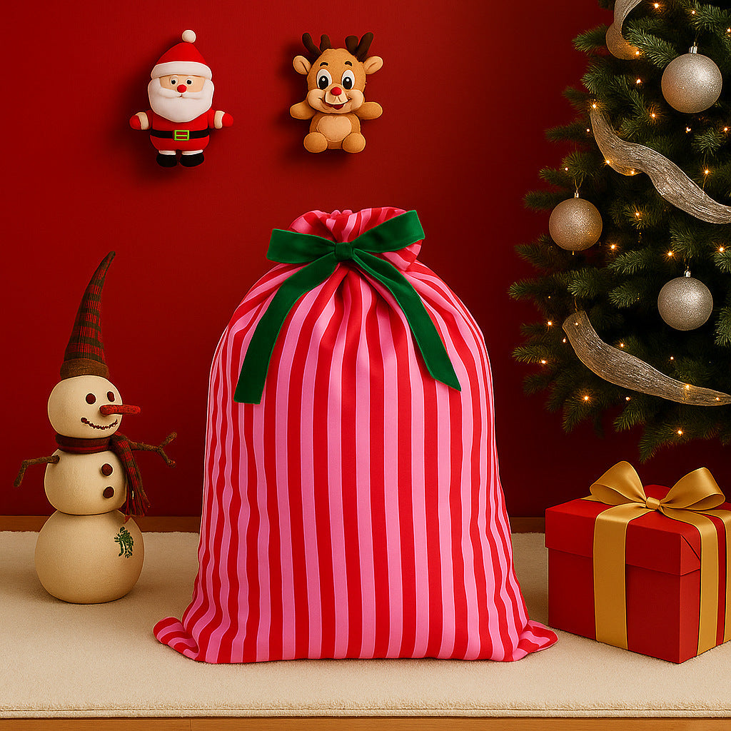 Candy Stripe Drawstring Gift Bag With Ribbon Bow - Rose_Red - 1