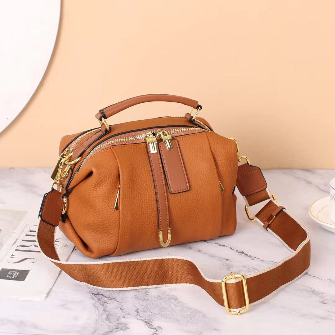 Pleated Pebbled Leather Mini Boston Bag - Caramel