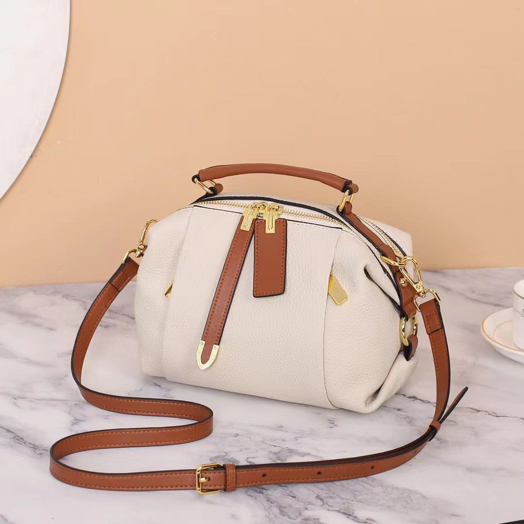 Pleated Pebbled Leather Mini Boston Bag - White