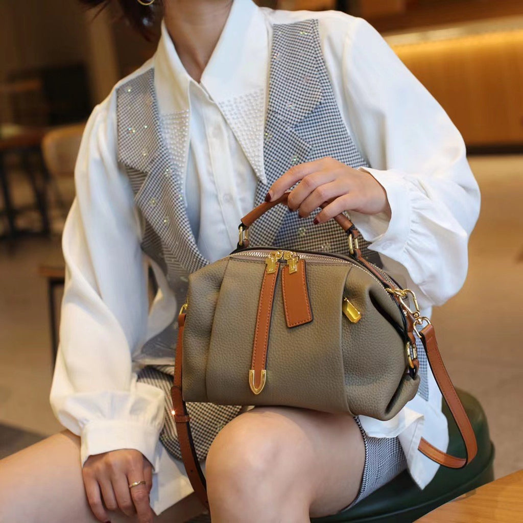 Pleated Pebbled Leather Mini Boston Bag