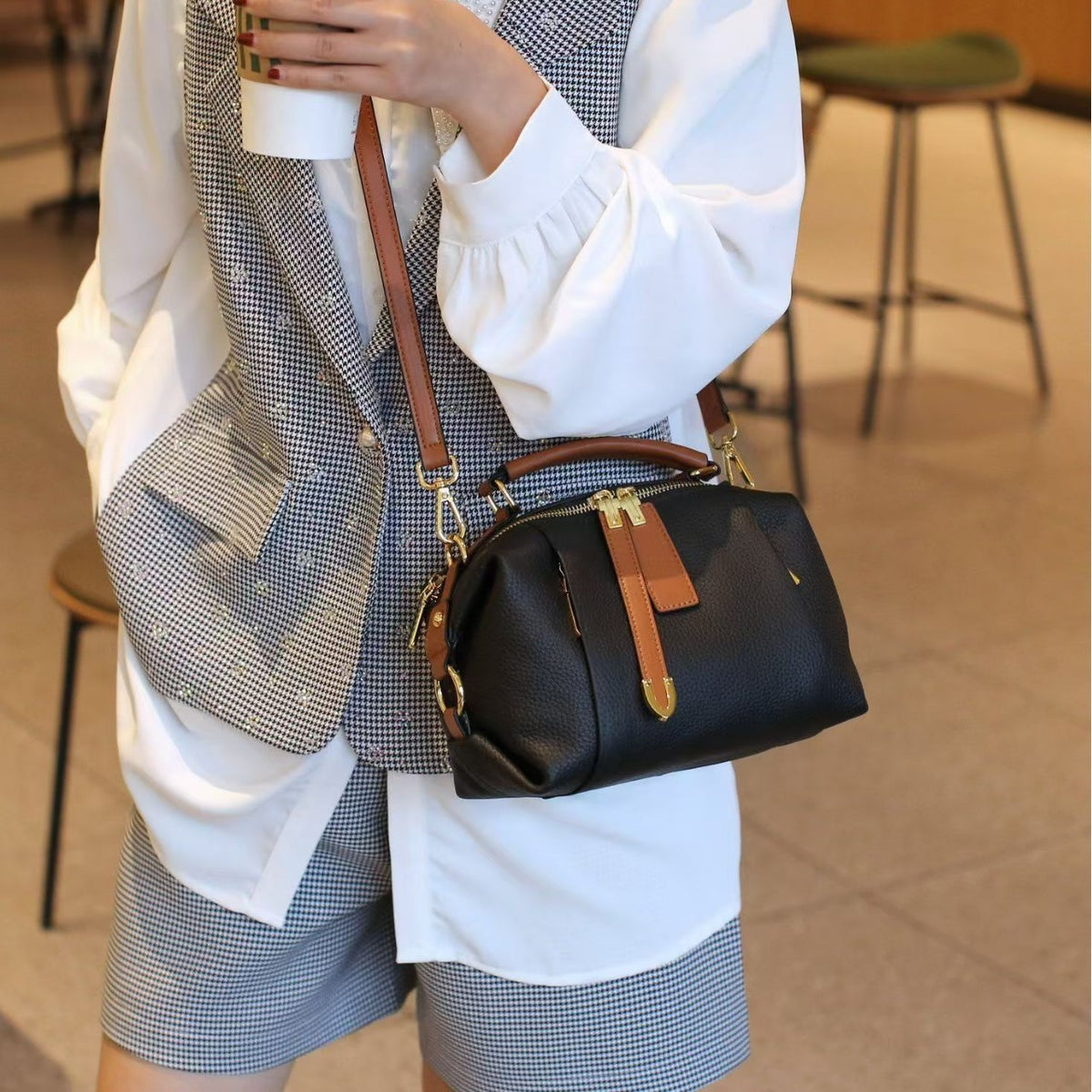 Pleated Pebbled Leather Mini Boston Bag