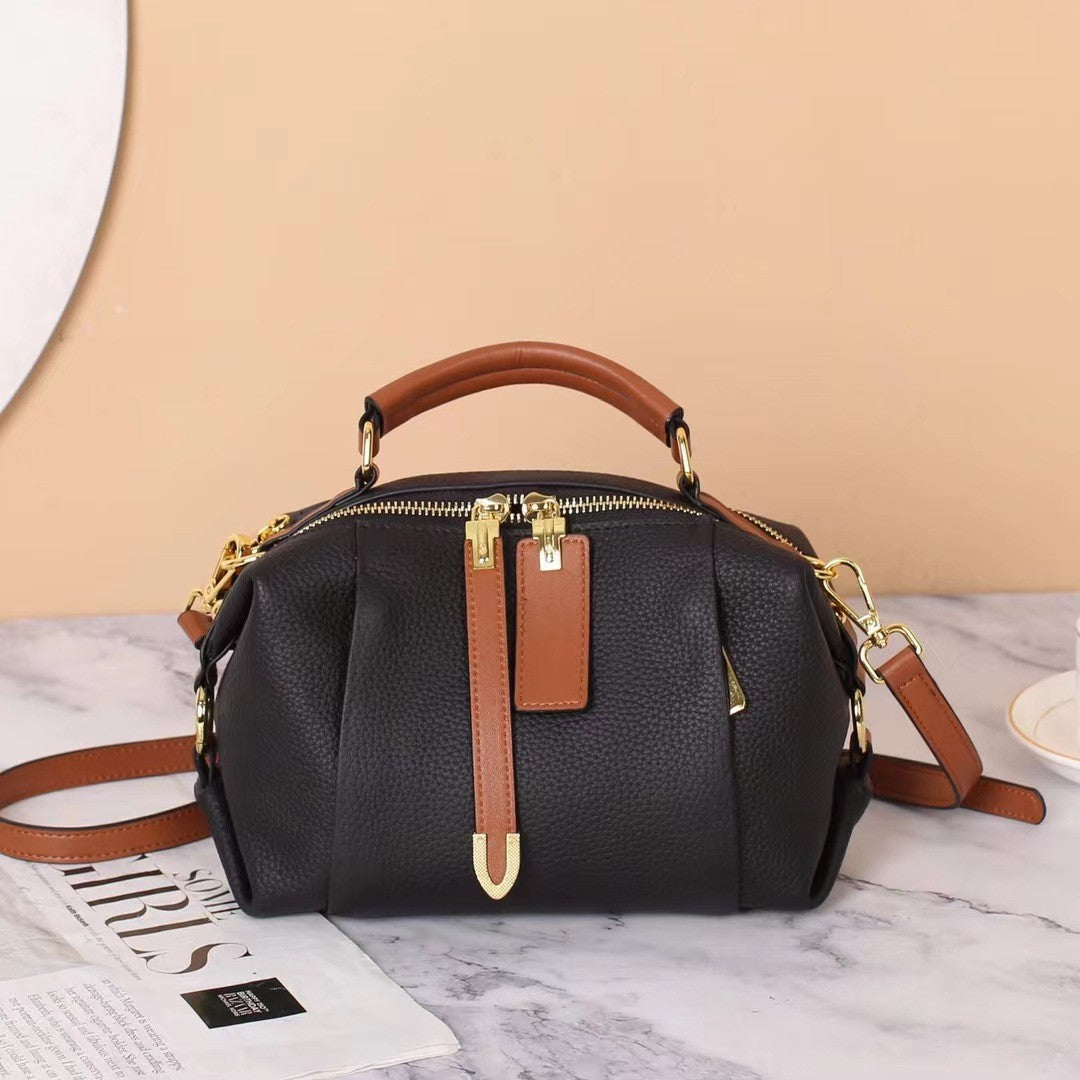Pleated Pebbled Leather Mini Boston Bag
