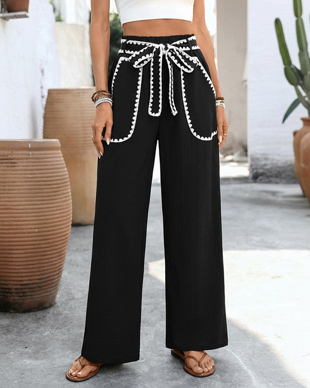 Scallop Trim Tie Waist Wide Leg Pants - Black