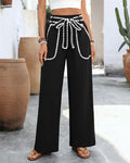 Scallop Trim Tie Waist Wide Leg Pants - Black