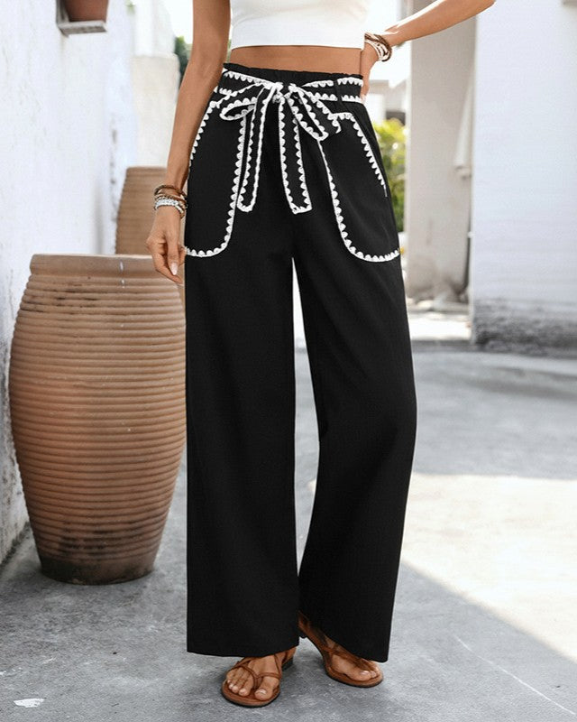 Scallop Trim Tie Waist Wide Leg Pants - Black - 1