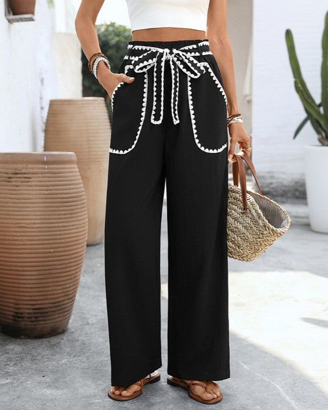 Scallop Trim Tie Waist Wide Leg Pants - Black - 3